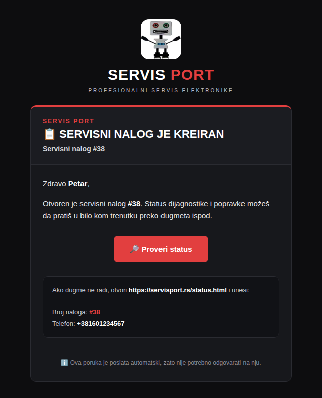 Email — servisni nalog je kreiran